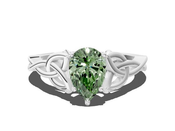 White gold Fancy Green Pear Cut Diamond Solitaire Engagement Ring with Celtic Knot Band and Four-Prong Setting