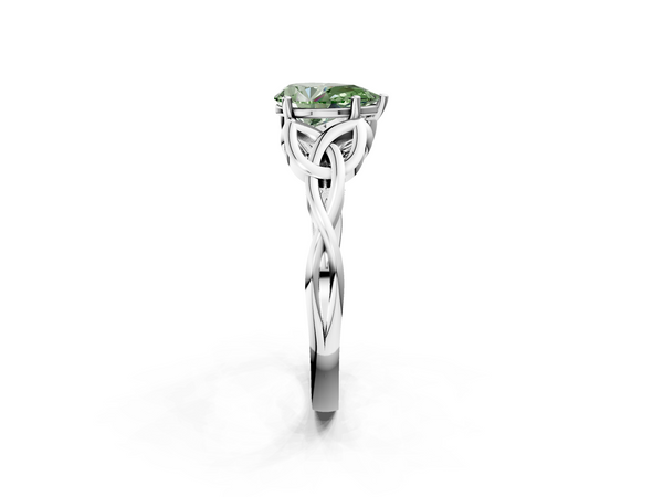 White gold Fancy Green Pear Cut Diamond Solitaire Engagement Ring with Celtic Knot Band and Four-Prong Setting