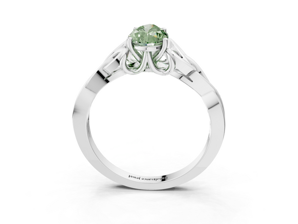 White gold Fancy Green Pear Cut Diamond Solitaire Engagement Ring with Celtic Knot Band and Four-Prong Setting