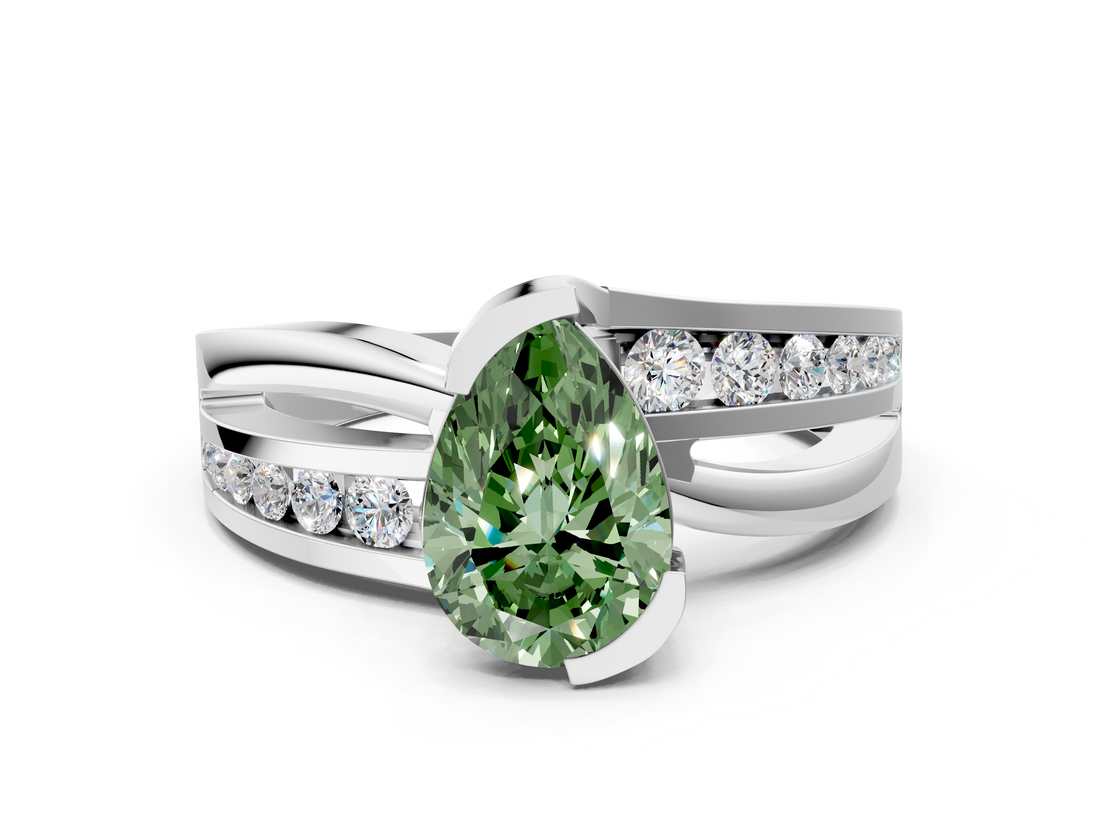 White gold Fancy Green Pear  Solitaire Channel-Set Split Shank Ring with Tension Prong Setting_3