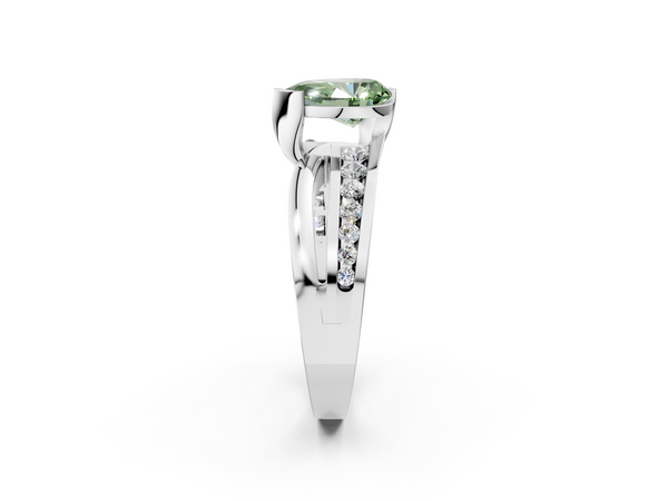 White gold Fancy Green Pear  Solitaire Channel-Set Split Shank Ring with Tension Prong Setting