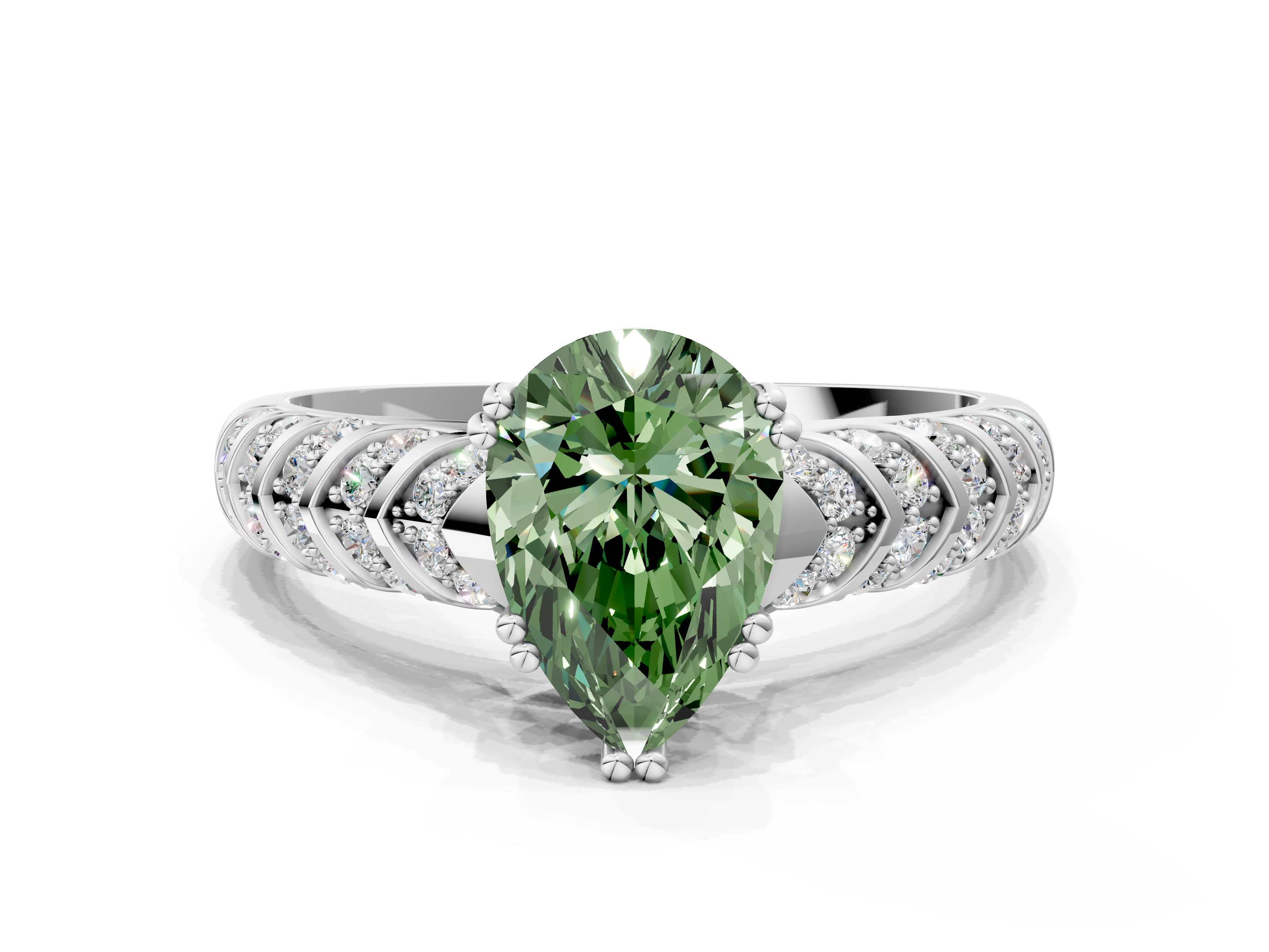 White gold Fancy Green Pear  Solitaire Chevron Pave Diamond Engagement Ring with Six-Prong Setting_3