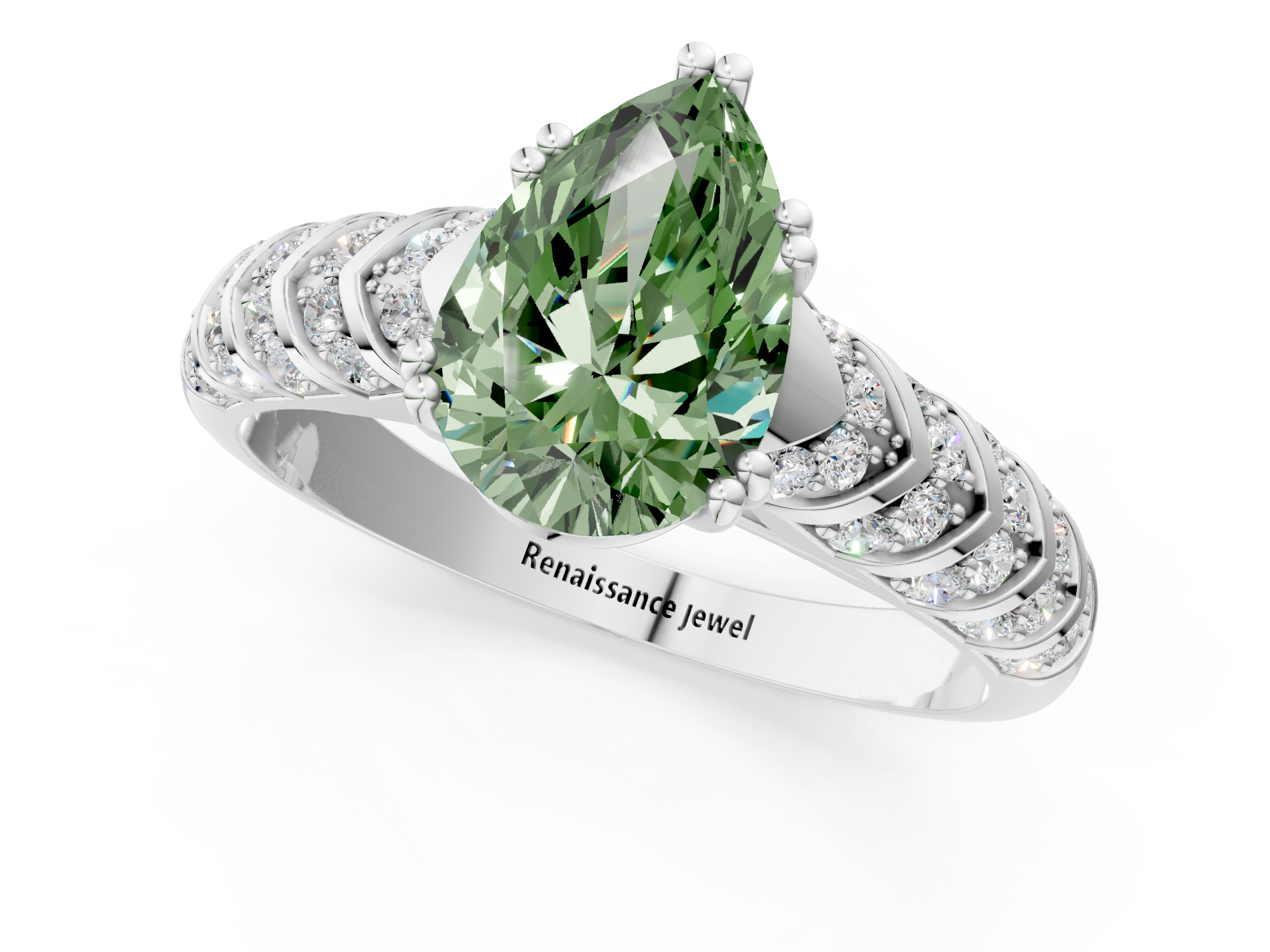 White gold Fancy Green Pear  Solitaire Chevron Pave Diamond Engagement Ring with Six-Prong Setting_4