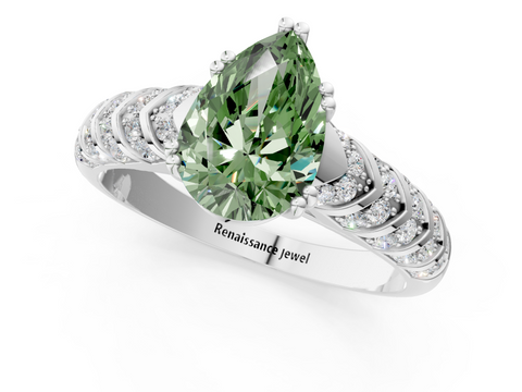 White gold Fancy Green Pear  Solitaire Chevron Pave Diamond Engagement Ring with Six-Prong Setting_4