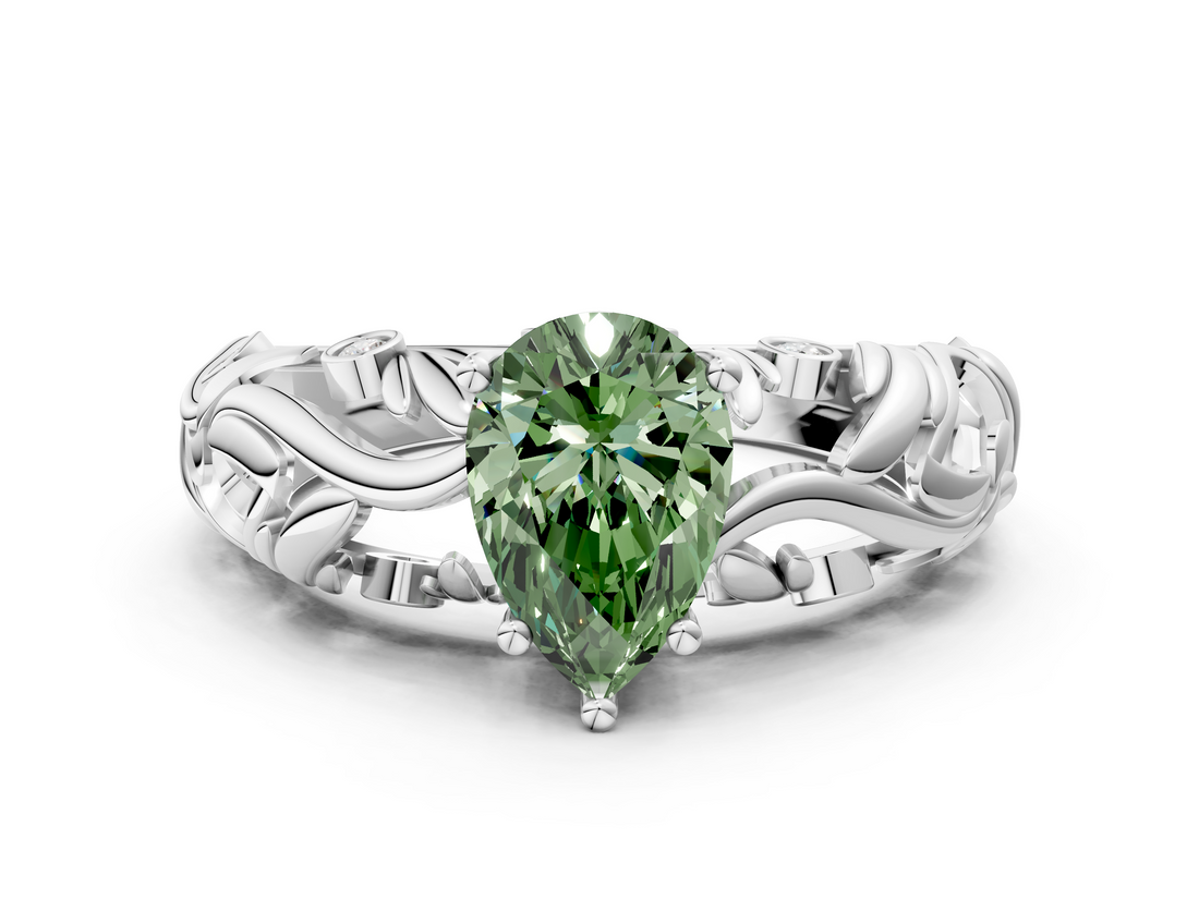 White gold Fancy Green Pear  Solitaire Diamond Leaf Vine Band with Prong Setting_59