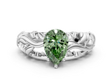 White gold Fancy Green Pear  Solitaire Diamond Leaf Vine Band with Prong Setting_59