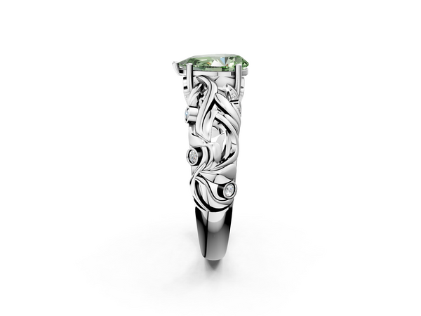 Platinum Fancy Green Pear Cut Solitaire Diamond Leaf-Inspired Vine Band Ring with Prong Setting
