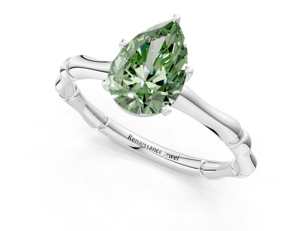 Platinum Fancy Green Pear  Solitaire Diamond Ring with Bamboo Band and Four-Prong Setting