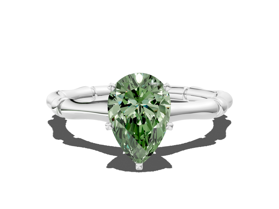 White gold Fancy Green Pear  Solitaire Diamond Ring with Bamboo Band and Four-Prong Setting_90