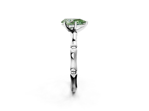 Platinum Fancy Green Pear  Solitaire Diamond Ring with Bamboo Band and Four-Prong Setting