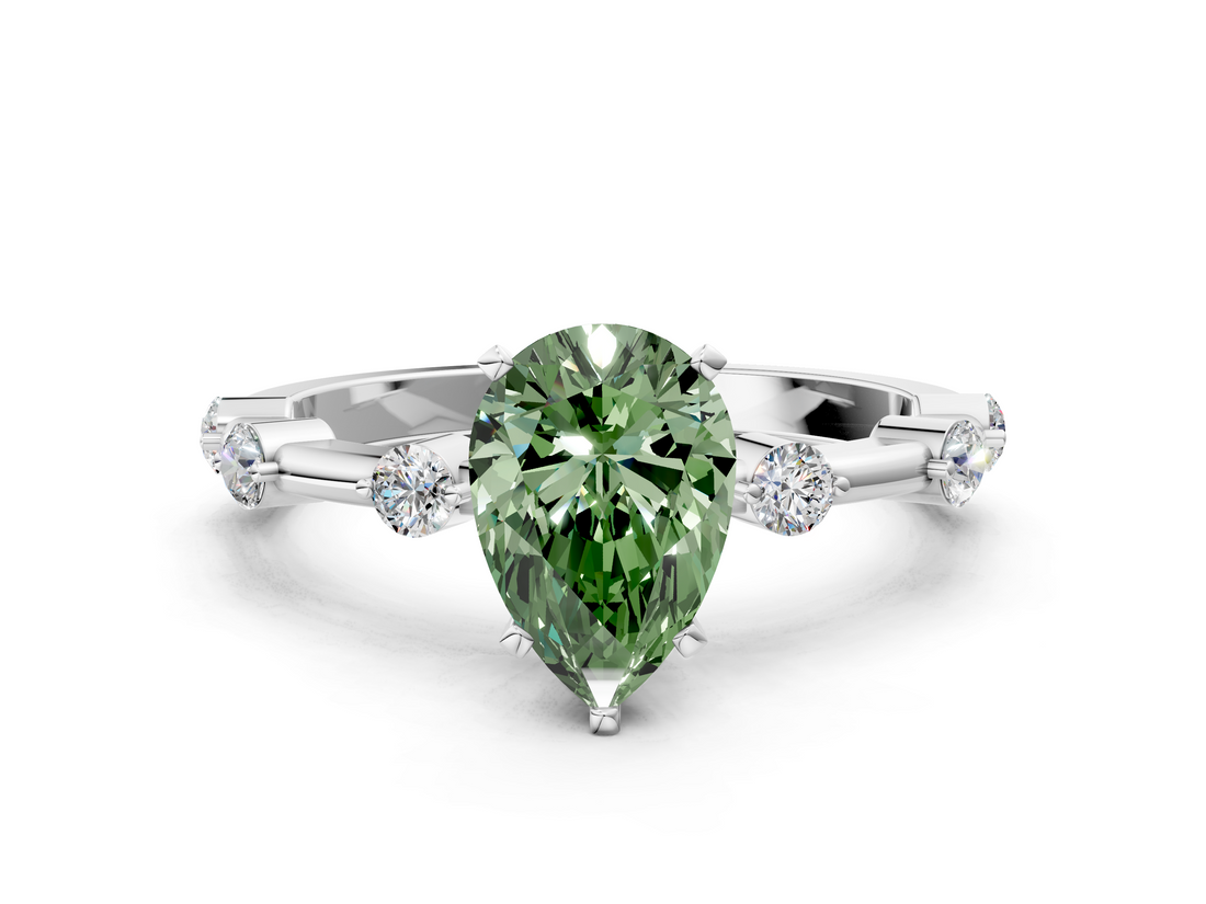 White gold Fancy Green Pear  Solitaire Diamond Ring with Bezel Set Side Stones and Prong Setting_3