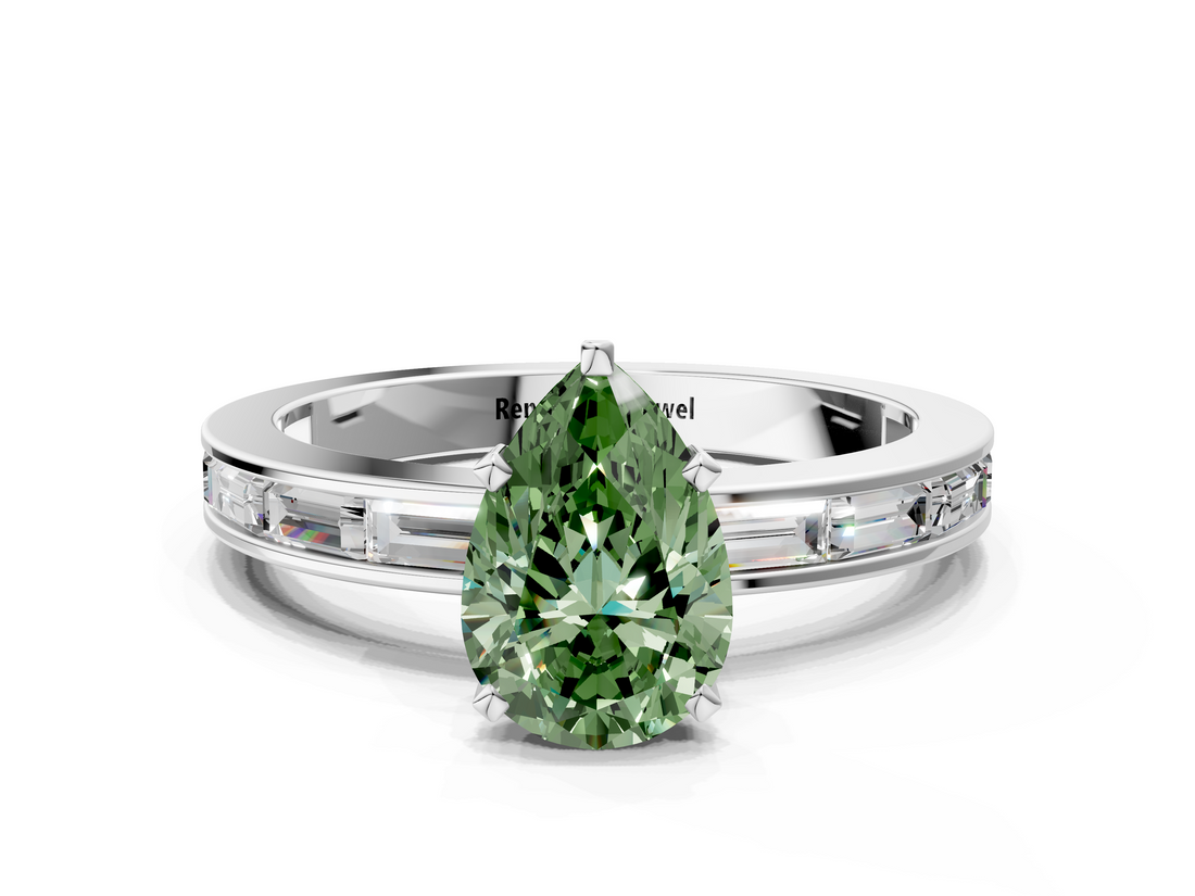 White gold Fancy Green Pear  Solitaire Diamond Ring with Channel-Set Baguette Band and Four-Prong Setting_102