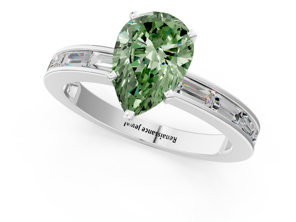 White gold Fancy Green Pear  Solitaire Diamond Ring with Channel-Set Baguette Band and Four-Prong Setting