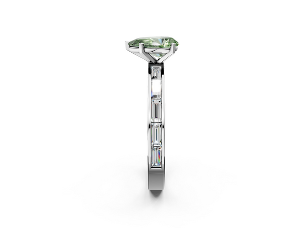 White gold Fancy Green Pear  Solitaire Diamond Ring with Channel-Set Baguette Band and Four-Prong Setting