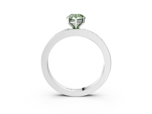 White gold Fancy Green Pear  Solitaire Diamond Ring with Channel-Set Baguette Band and Four-Prong Setting