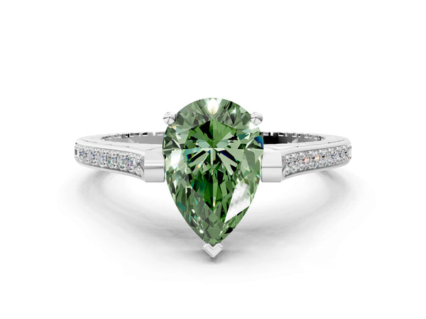 White gold Fancy Green Pear  Solitaire Diamond Ring with Channel Set Band and Bezel Prong Setting