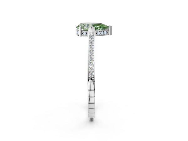 White gold Fancy Green Pear  Solitaire Diamond Ring with Channel Set Band and Bezel Prong Setting