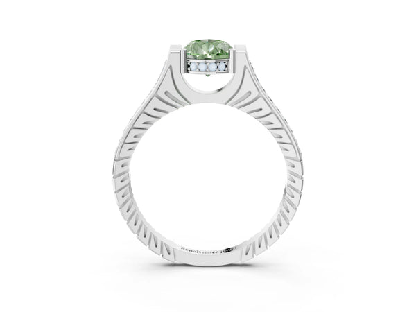 White gold Fancy Green Pear  Solitaire Diamond Ring with Channel Set Band and Bezel Prong Setting
