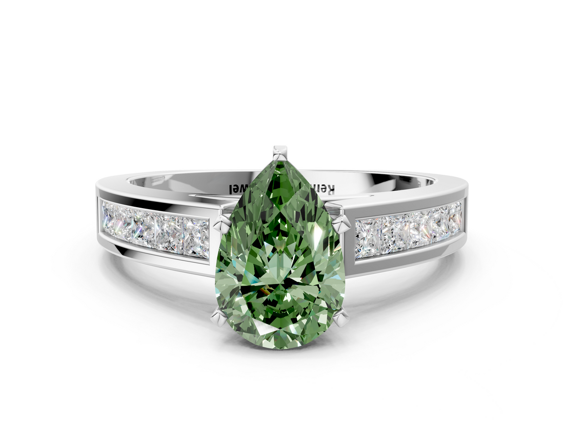 White gold Fancy Green Pear  Solitaire Diamond Ring with Channel-Set Band and Four-Prong Setting_3