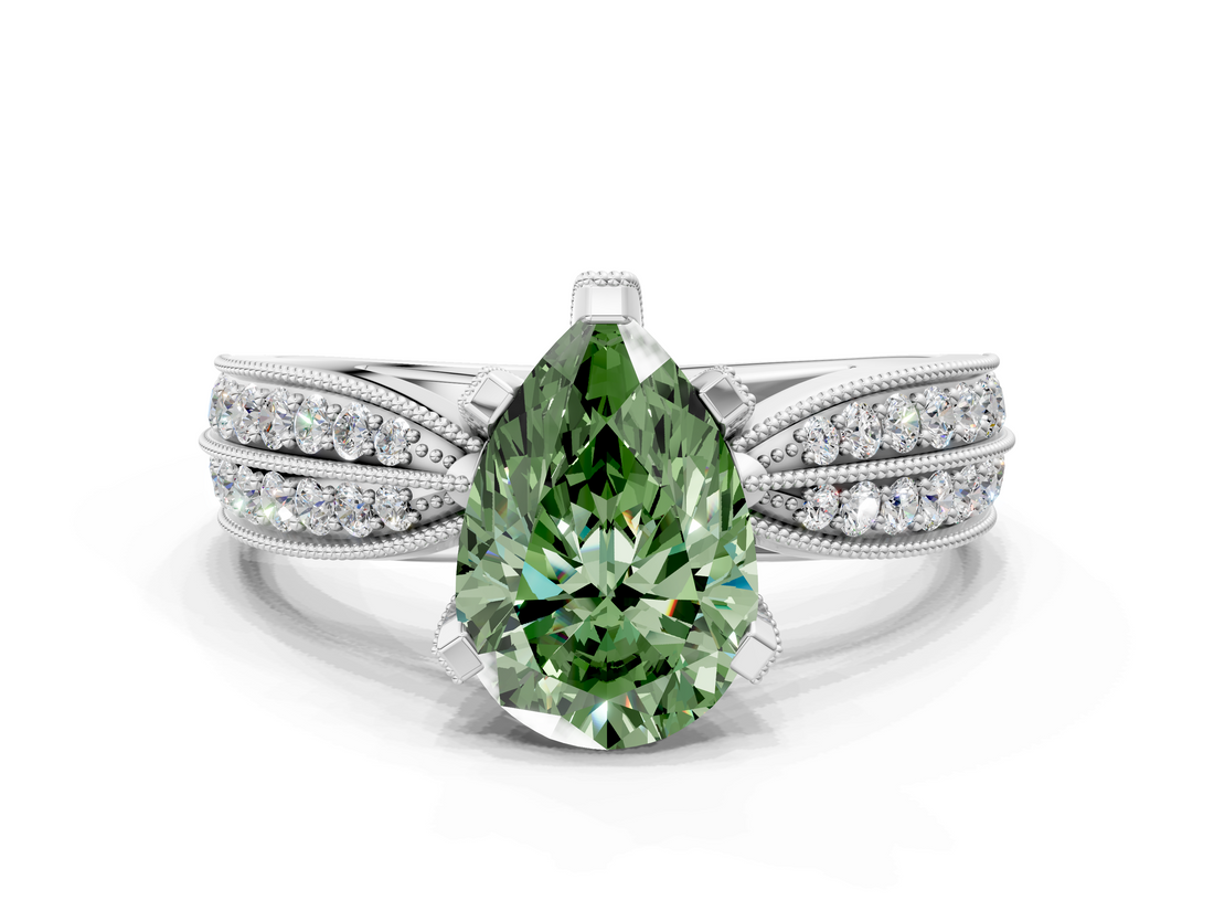 White gold Fancy Green Pear  Solitaire Diamond Ring with Milgrain Pavé Band and Four-Prong Setting_20