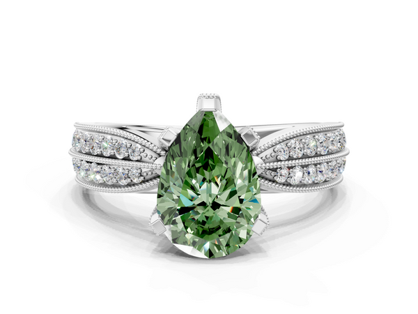 White gold Fancy Green Pear  Solitaire Diamond Ring with Milgrain Pavé Band and Four-Prong Setting