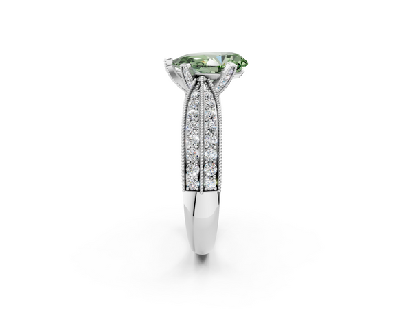 White gold Fancy Green Pear  Solitaire Diamond Ring with Milgrain Pavé Band and Four-Prong Setting