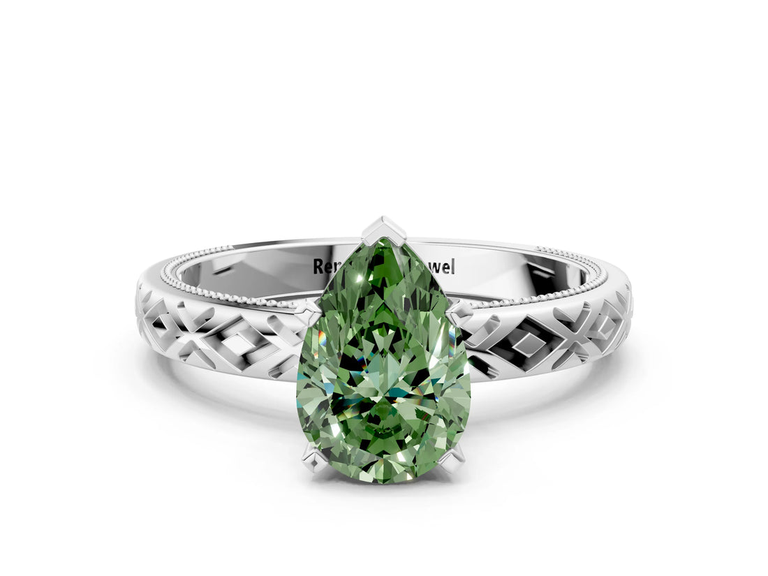 White gold Fancy Green Pear  Solitaire Diamond Ring with Milgrain and Black Enamel X Pattern Band_168