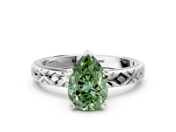 Platinum Fancy Green Pear  Solitaire Diamond Ring with Milgrain and Black Enamel X Pattern Band