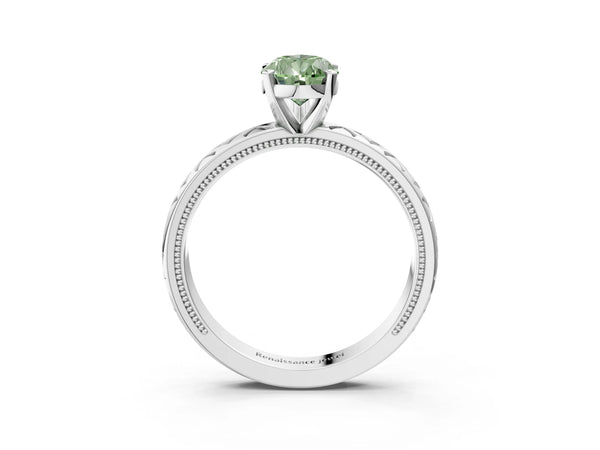 Platinum Fancy Green Pear  Solitaire Diamond Ring with Milgrain and Black Enamel X Pattern Band