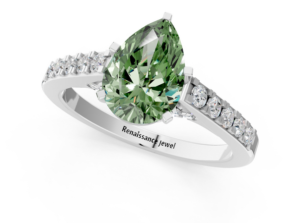Platinum Fancy Green Pear  Diamond Solitaire Ring with Pavé Band and Prong Setting