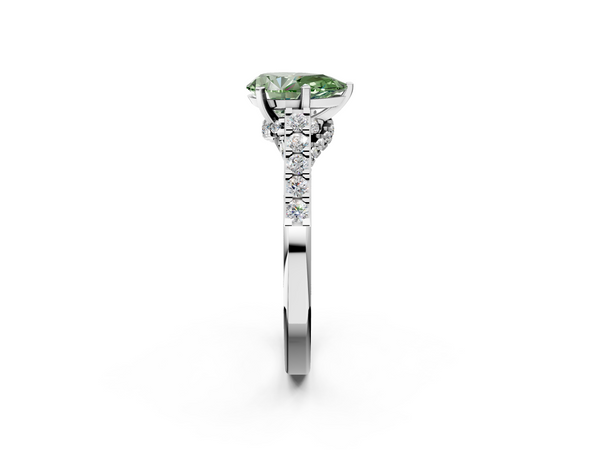 Platinum Fancy Green Pear  Diamond Solitaire Ring with Pavé Band and Prong Setting