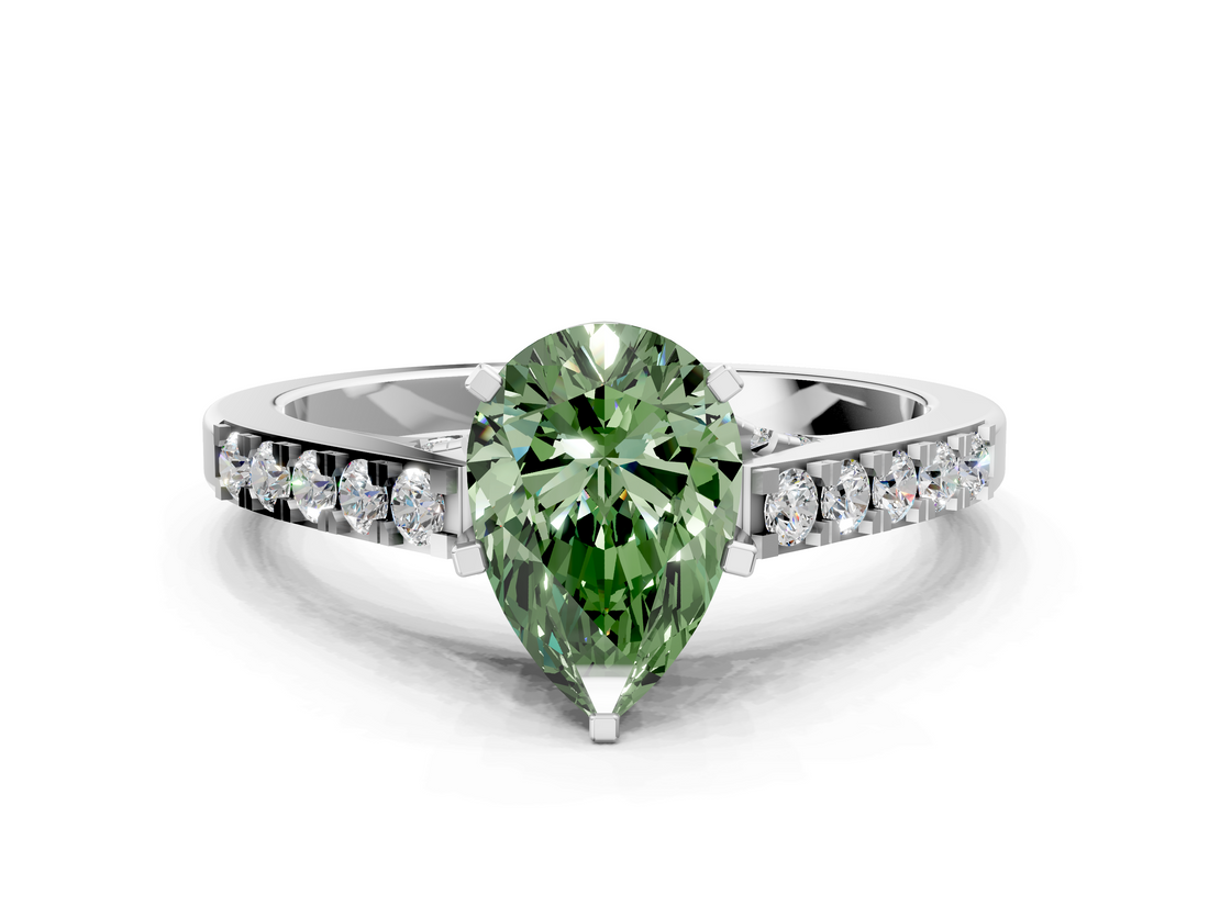 White gold Fancy Green Pear  Solitaire Diamond Ring with Pavé Band and Four-Prong Setting_82