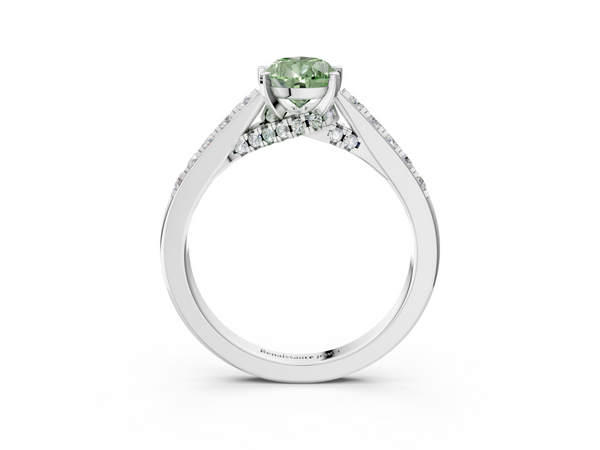 Platinum Fancy Green Pear  Diamond Solitaire Ring with Pavé Band and Prong Setting