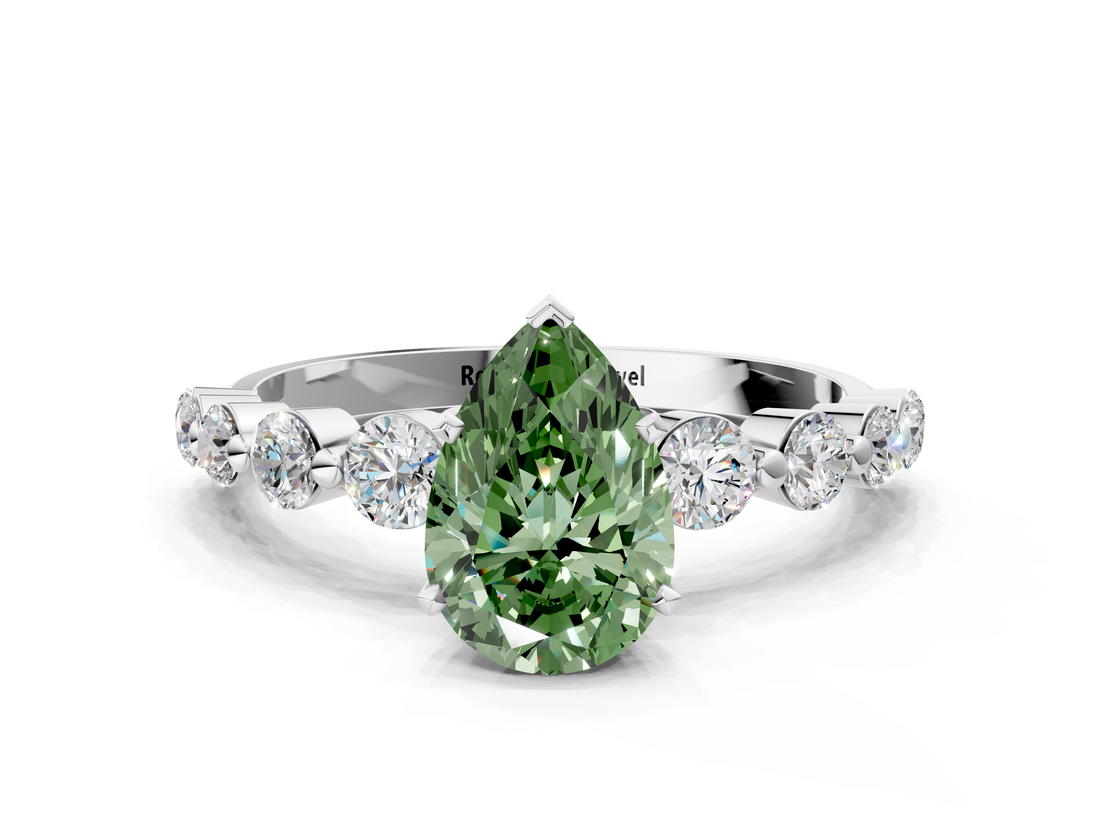 White gold Fancy Green Pear  Solitaire Diamond Ring with Pave Band and Four-Prong Setting_212
