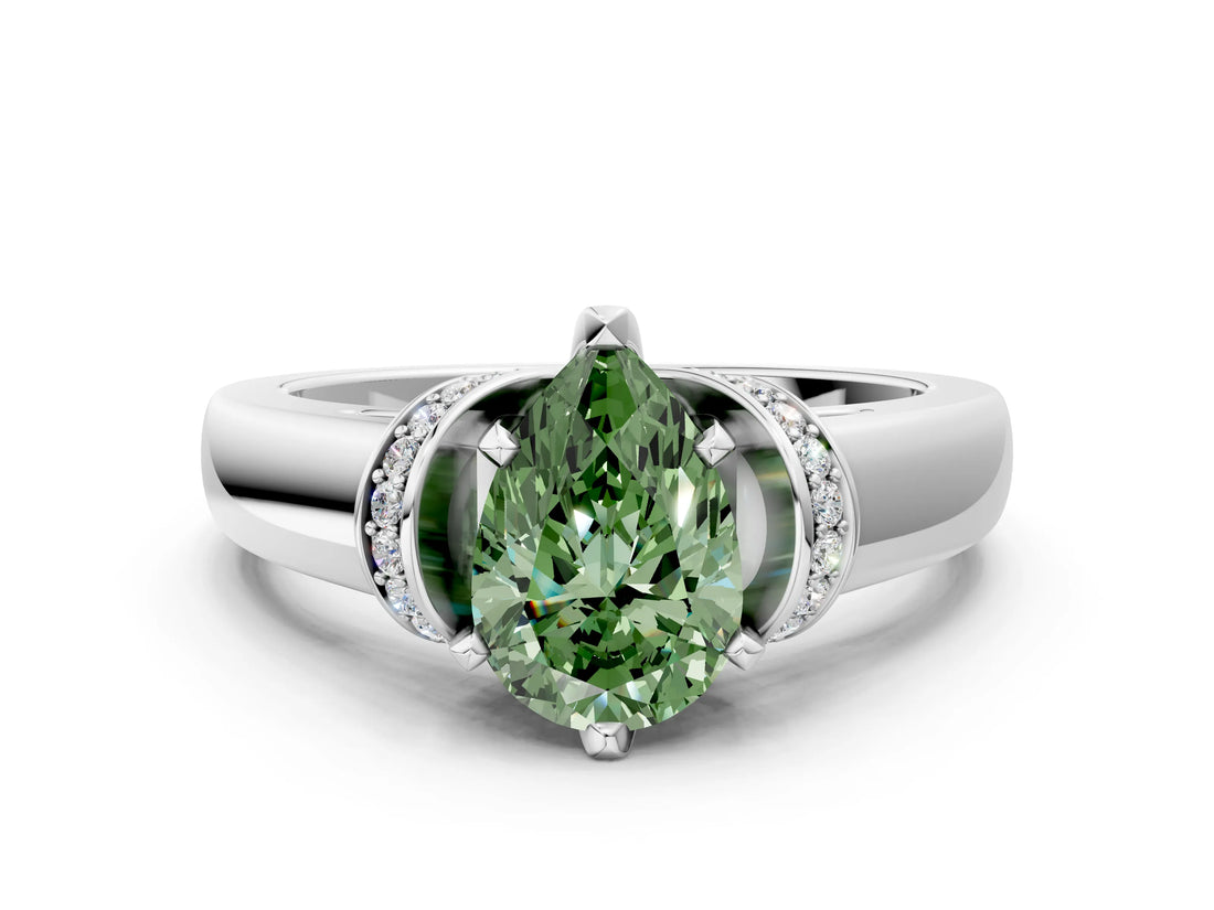 White gold Fancy Green Pear  Solitaire Diamond Ring with Pave Band and Six-Prong Setting_32