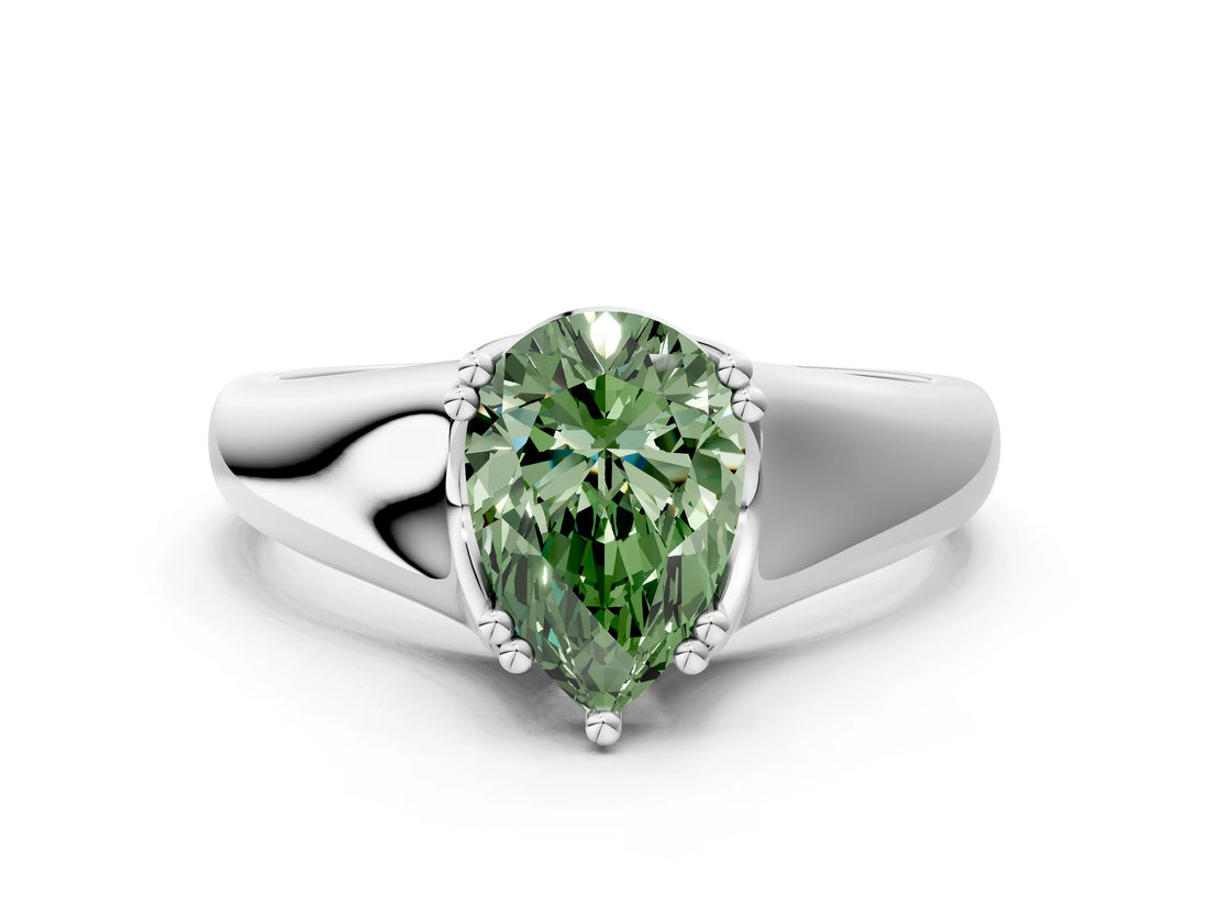 White gold Fancy Green Pear  Solitaire Diamond Ring with Six-Prong Cathedral Setting_32