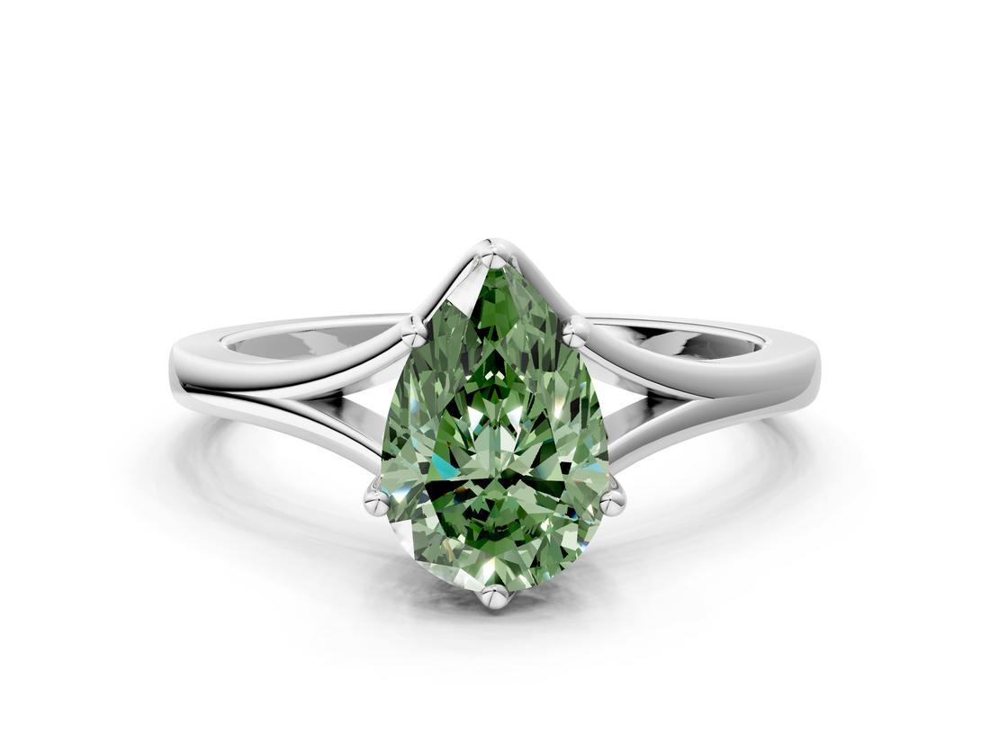 White gold Fancy Green Pear  Solitaire Diamond Ring with Six-Prong Setting and Tapered Band_17