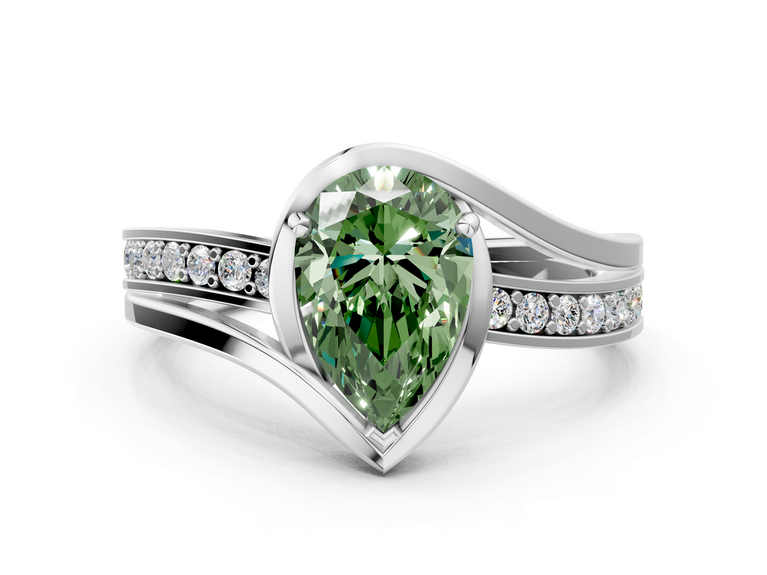 White gold Fancy Green Pear  Solitaire Diamond Ring with Split Shank and Prong Setting_41