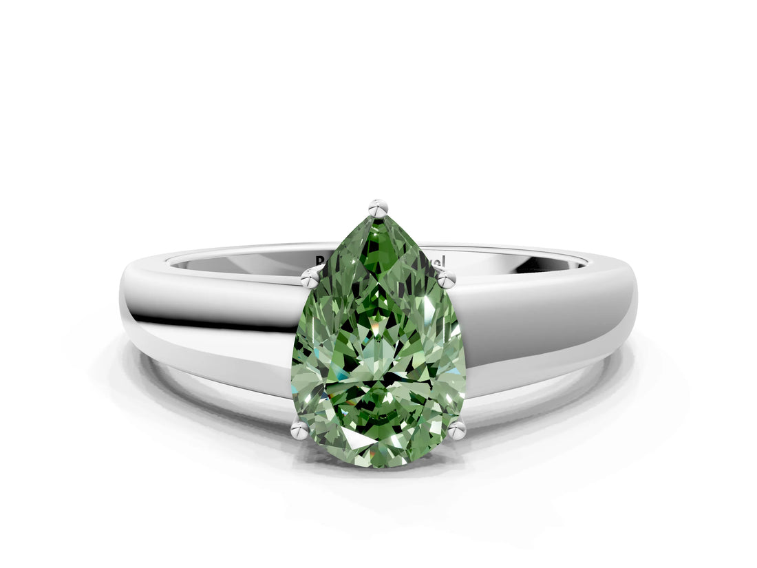 White gold Fancy Green Pear  Solitaire Diamond Ring with Tapered Band and Four-Prong Setting_90
