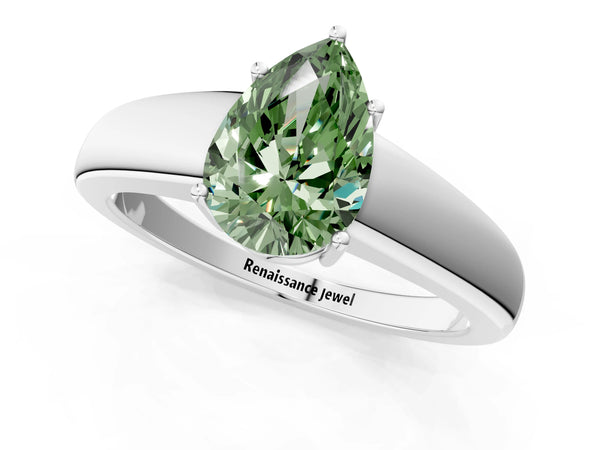 Platinum Fancy Green Pear  Solitaire Diamond Ring with Tapered Band and Four-Prong Setting