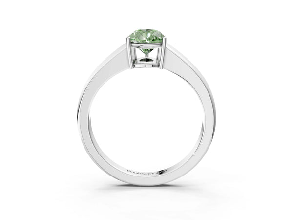 Platinum Fancy Green Pear  Solitaire Diamond Ring with Tapered Band and Four-Prong Setting