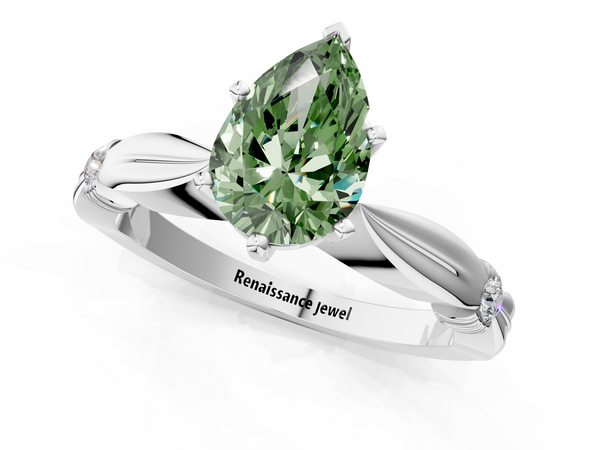 White gold Fancy Green Pear  Solitaire Diamond Twisted Band with Four-Prong Setting