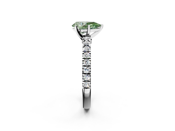 Platinum Fancy Green Pear  Solitaire Diamond with Pavé Band and Four-Prong Setting