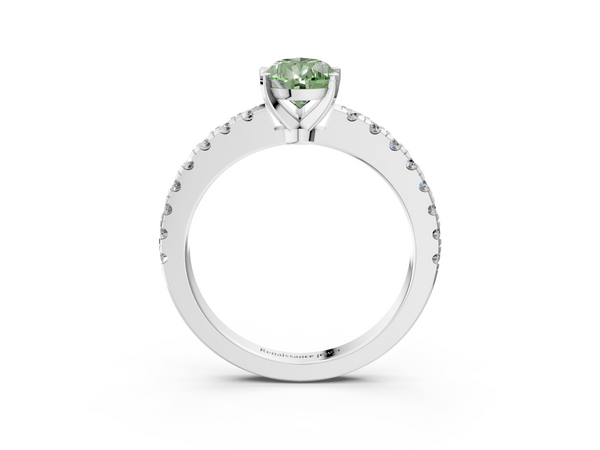 Platinum Fancy Green Pear  Solitaire Diamond with Pavé Band and Four-Prong Setting