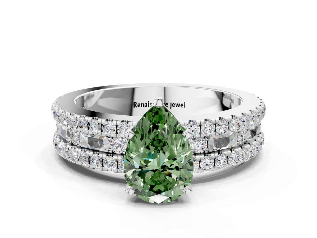 White gold Fancy Green Pear  Solitaire Diamond with Pave and Channel Set Band_91