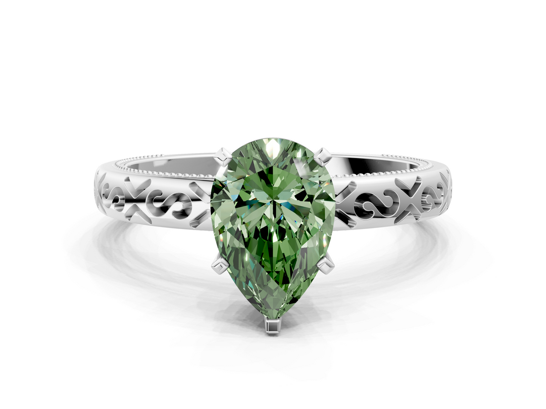 White gold Fancy Green Pear  Solitaire Engagement Ring with Scrollwork Band and Four-Prong Setting_113