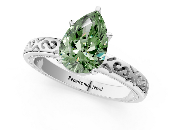 White gold Fancy Green Pear  Solitaire Engagement Ring with Scrollwork Band and Four-Prong Setting