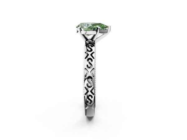 White gold Fancy Green Pear  Solitaire Engagement Ring with Scrollwork Band and Four-Prong Setting