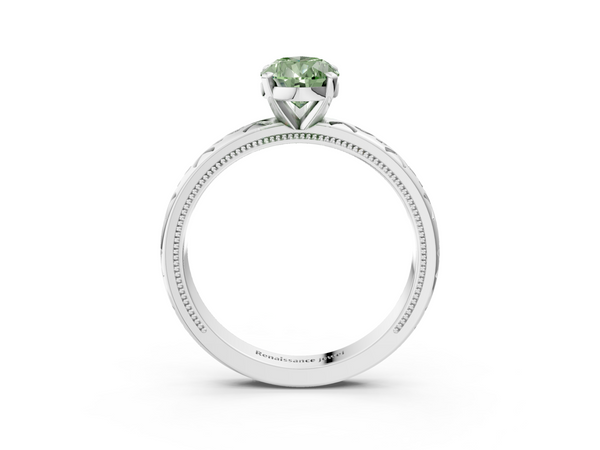 White gold Fancy Green Pear  Solitaire Engagement Ring with Scrollwork Band and Four-Prong Setting