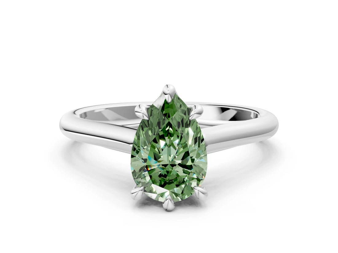 White gold Fancy Green Pear  Solitaire Engagement Ring with Six-Prong Setting and Classic Band 1